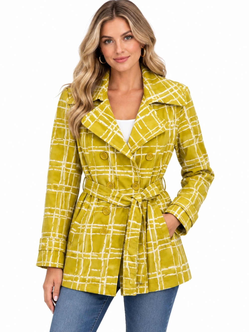 Merona Chartreuse Plaid Double-Breasted Trench Coat Size M